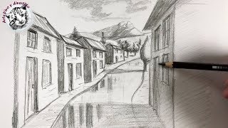 Como Dibujar Pueblo en Perspectiva de Un Punto Paso a Paso [upl. by Yraeht172]