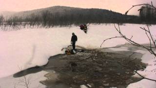 Broken Ski Doo XP 600R Snowmobile Water Crossing Tow Job [upl. by Milford]