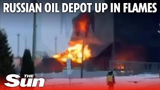 Russian oil depot goes up in flames in huge explosion after kamikaze drone strike’ [upl. by Zerimar]