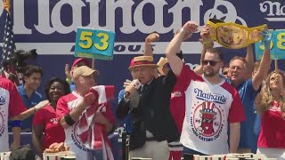 Annual Nathans Famous Fourth of July hot dog eating contest draws in crowds at Coney Island [upl. by Oilla]