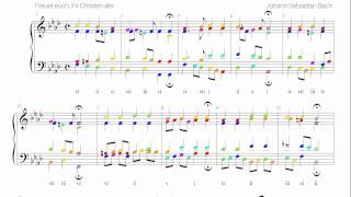 Bach Chorale BWV 408 Harmonic analysis with colored notes Freuet euch ihr Christen alle [upl. by Miah]