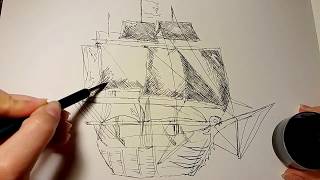 PIRATE SHIP Drawing in INK Desen cu o corabie de pirati in creion si cerneala How to draw a ship [upl. by Nosredneh396]