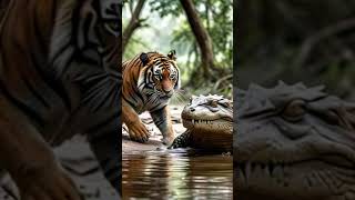 Tiger vs Crocodile Showdown A Bengal tiger stealthily approaches a riverbank indianmammals [upl. by Anatol]