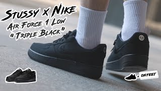 2023 ONFEET Stussy x Nike Air Force 1 Low quotTriple Blackquot Full Review [upl. by Pich305]