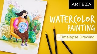 TIMELAPSE  Creating a Detailed Watercolor Illustration with Arteza Real Brush Pens  Arteza [upl. by Yoong]