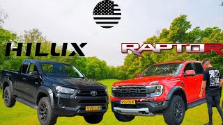 FORD RANGER RAPTOR VS TOYOTA HILUX WALK AROUND V6 BITURBO VS 28 DIESEL  REVIEW BY DUTCHCARS [upl. by Ettebab]