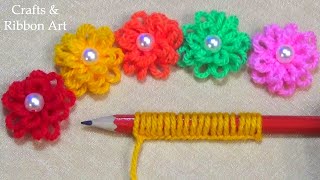 Super Easy Woolen Flower Making Ideas with Pencil  Hand Embroidery Amazing Trick  DIY Yarn Flowers [upl. by Fons705]