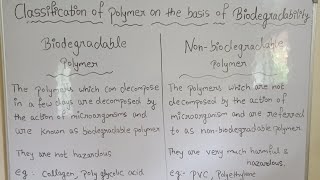 classification of polymer on the basis of biodegradability class 12 part 7 [upl. by Yedrahs]