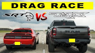 Ram 1500 TRX Races Dodge Challenger Hellcat  Drag and Roll Race [upl. by Neras231]