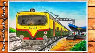 rail station drawing Indian Railway drawingtrain scenery painting with color [upl. by Zaneta277]