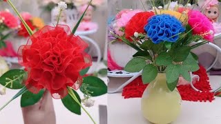 How To Make Round Satin Ribbon Flower  DIY Ribbon Craft  Round Flower Vase Making [upl. by Halyahs842]