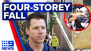 Man falls four storeys from cherry picker onto concrete in Sydney  9 News Australia [upl. by Folsom]