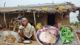 90 year old poor Grandma cooking PORK CURRY with PUI SHAAK amp eating with water riceVillage food [upl. by Freed]