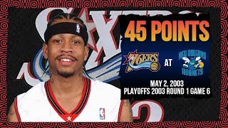 Allen Iverson 45 points  Philadelphia 76ers at New Orleans Hornets  2003 Playoffs Round 1 Game 6 [upl. by Alien]