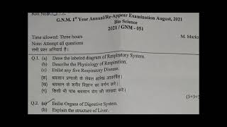 Gnm 1st Yearquot Biosciencequot August 2021 Question Paper HNRC Haryana [upl. by Aserehc]