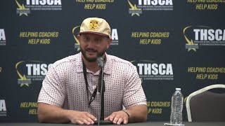 Texas State University Head Football Coach GJ Kinne talks about 2024 season at THSCA [upl. by Adyam]