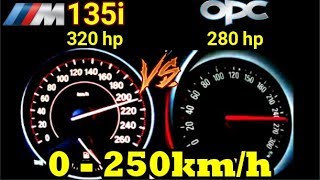 Winner is BMW M135i 320 HP VS Opel Astra Opc 280 HP Acceleration 0 250kmh 100250kmh [upl. by Aihsened]