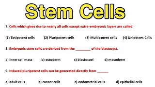 Stem Cells MCQ  Sources  Potency  Pluripotent and Totipotent Cells [upl. by Ary]