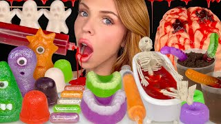 ASMR MUKBANG Halloween Treats Edible Blood Worms N Dirt Marzipan Monsters Brain Jello Food 먹방 [upl. by Enomys561]