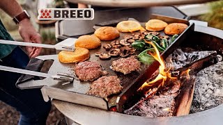 BREEO Live Fire Grill  14” Thick Steel Griddle  Bacon and Burgers [upl. by Enomys494]