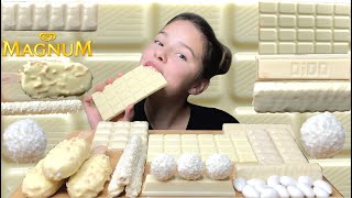 ASMR WHITE CHOCOLATE CANDY BARS MAGNUM ICE CREAM MILKA FERRERO 먹방 Tati ASMR [upl. by Jeni40]