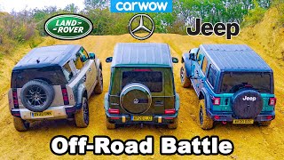 Defender v Mercedes G350 v Wrangler  Uphill DRAG RACE amp Offroad BATTLE [upl. by Bernie]