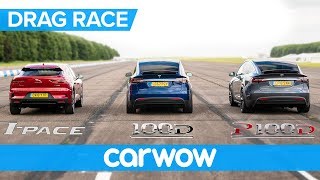 Jaguar IPace vs Tesla Model X 100D amp P100D  DRAG RACE ROLLING RACE AND BRAKE TEST [upl. by Barabas]