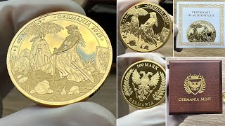 2023 Germania 1 Ounce Lady Germania 100 Mark Gold Proof Round [upl. by Nagrom]