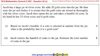 2016 Maths General 2 HSC Q28a Estimate number of coins in a jar using capturerecapture method [upl. by Jerold]