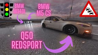 770 HP Q50 Redsport Vs 854 HP BMW M5 CS Vs 763 HP BMW M340i INSANE TRAFFIC RUN  Assetto Corsa 4K [upl. by Sly173]