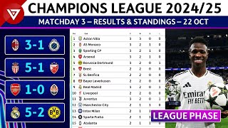 🔵 MD3 UEFA Champions League 202425 League Phase Results amp Standings Table  22 Oct 2024 [upl. by Onateyac]