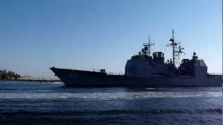 The USS Gettysburg Ticonderogaclass guidedmissile cruiser enters Port Everglades in Ft Lauderdale [upl. by Trahurn]