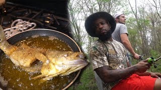 SWAMP BASS FISHING ON THE BAYOU Cooking With Chef O Nasty Country Style [upl. by Gibby]