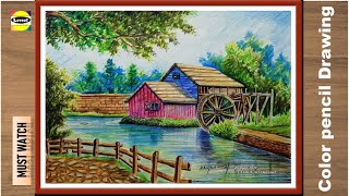 How To Draw A Landscape With Colored Pencils  colour pencil drawing landscape realistic Drawing [upl. by Aleakim]