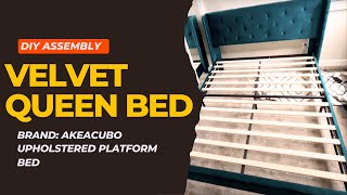 DIY How to Set Up A Queen Bed Akeacubo Bed Frame Velvet Upholstered Platform Bed [upl. by Adnowat]