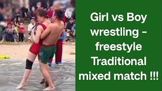 Girl defeats the boy  mixed freestyle traditional wrestling between girl vs boy [upl. by Refinney]