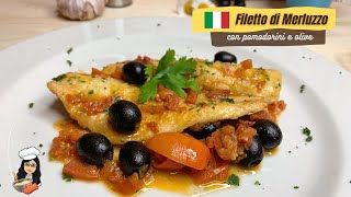 FILETTO DI MERLUZZO CON POMODORINI E OLIVE filettodimerluzo pesce [upl. by Sregor]