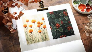 🍁 Easy Mini Gouache Painting Tutorial  Fall Leaves amp Flowers [upl. by Ylrahc]