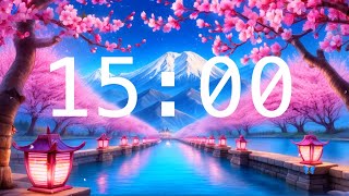 15 Minute Countdown Timer with Alarm  Cherry Blossoms and a River with Lanterns  Relaxing Music [upl. by Abita]