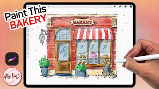 WATERCOLOR Bakery Storefront Tutorial on Procreate in EASY Steps [upl. by Flora]