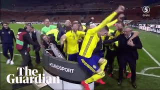 Sweden team crash TV broadcast celebrating place at World Cup [upl. by Adnirod]