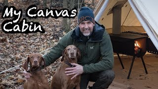 MY CANVAS CABIN BASE CAMP Tent Woodstove Dogs and Winter Camping [upl. by Nahum]