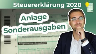 Steuererklärung 2020  Anlage Sonderausgaben ausfüllen [upl. by Ahsaeit]