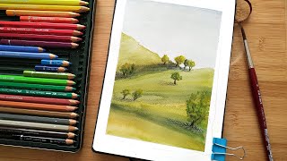 Watercolour pencils landscape tutorial for beginners [upl. by Langston]