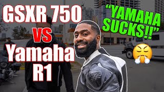 COCKY GSXR750 Rider vs YAMAHA R1  ZX10r vs R1 Race  Atlanta BP Meet Cops amp Liter Bike Shootout [upl. by Dirgis780]