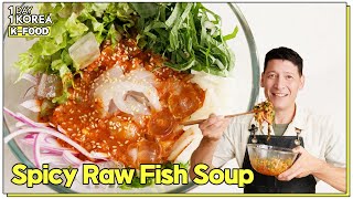 1DAY 1KOREA KFOOD Ep95 Spicy Raw Fish Soup Mulhoe [upl. by Reinertson]