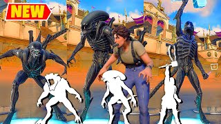 Fortnite Alien Xenomorph and Ellen Ripley Skins doing All BuiltIn Dances and Emotes Xeno Menace [upl. by Shiri]