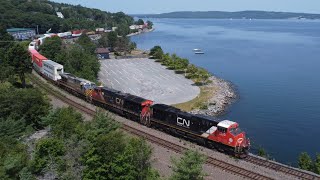 Awesome Aerial 4K View Long Stack Train CN 120 at Birch Cove as it Approaches Halifax Pace Yard [upl. by Esmond737]