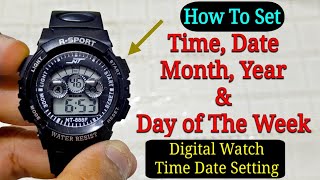 How To Set Time Day amp Date On 4 Buttons Digital Sport Watch  Time Setting [upl. by Airbas]