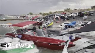 Monsoon storms sink beach about a dozen boats at Lake Pleasant [upl. by Gulick]